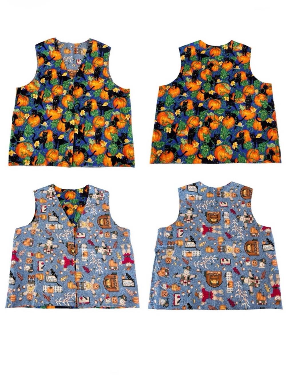 Handmade Halloween Vest Reversible Unisex Pumpkin Black Cat Scarecrow Fall Top